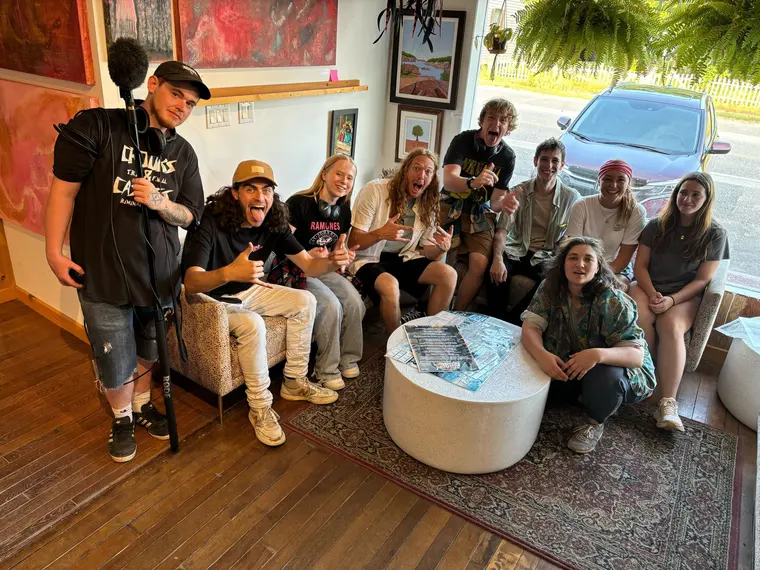 The Bruce Peninsula cast and crew inside a local stop